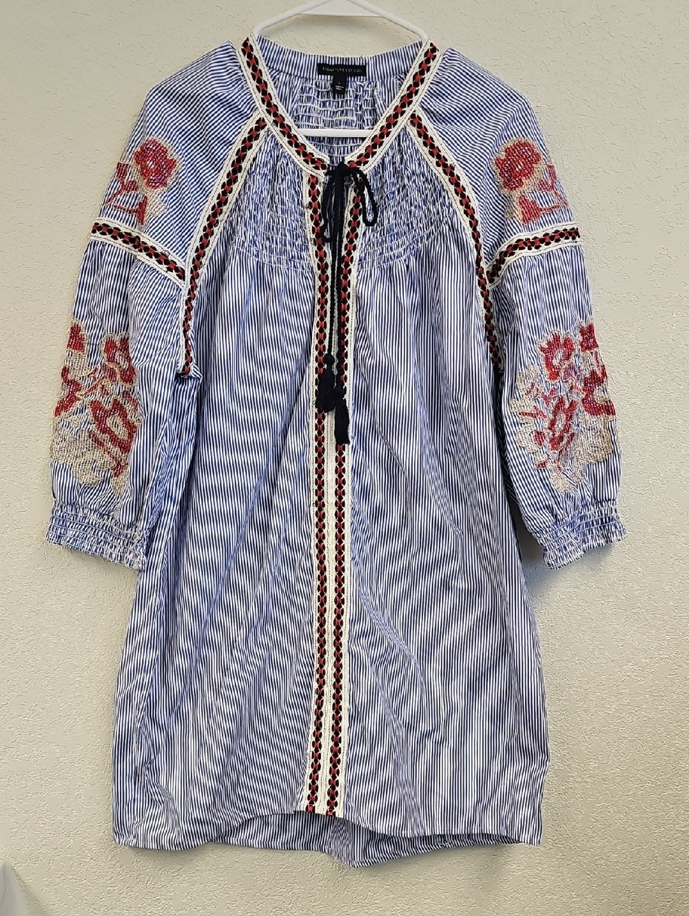 Signature Studio Blue & White Striped Embroidered Peasant Dress 3/4 Sleeve